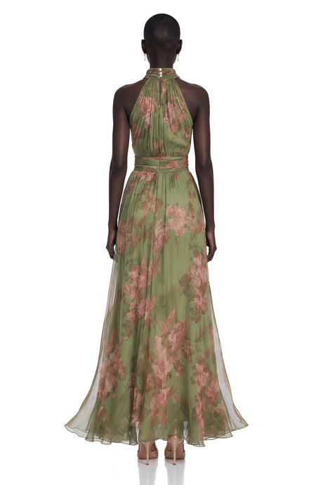 Franceschina Maxi Dress Green Mock Neck Ruched with Floral Print