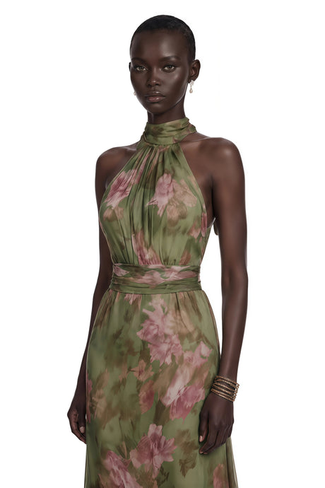 Franceschina Maxi Dress Green Mock Neck Ruched with Floral Print