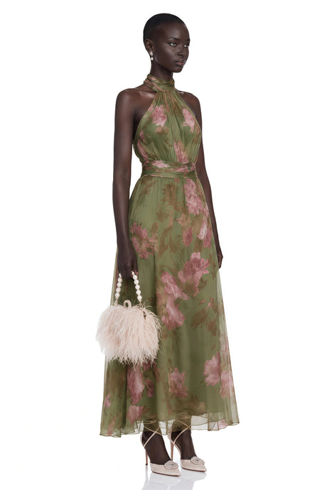 Franceschina Maxi Dress Green Mock Neck Ruched with Floral Print