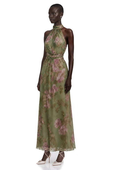 Franceschina Maxi Dress Green Mock Neck Ruched with Floral Print