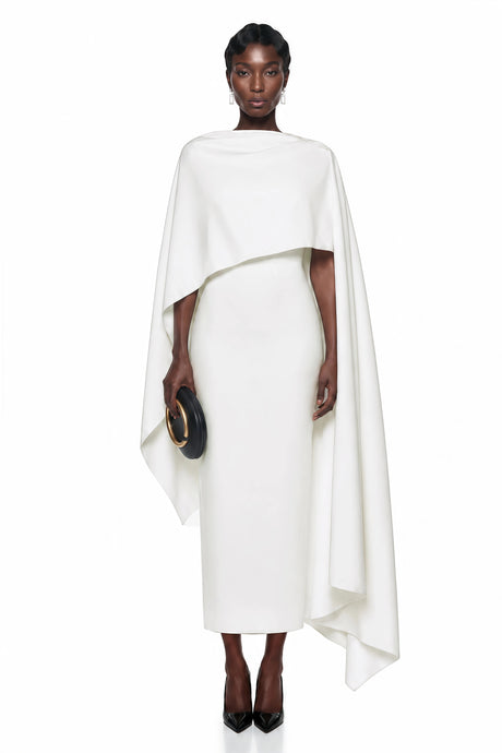 Lucy Maxi Dress White Backless with Cape