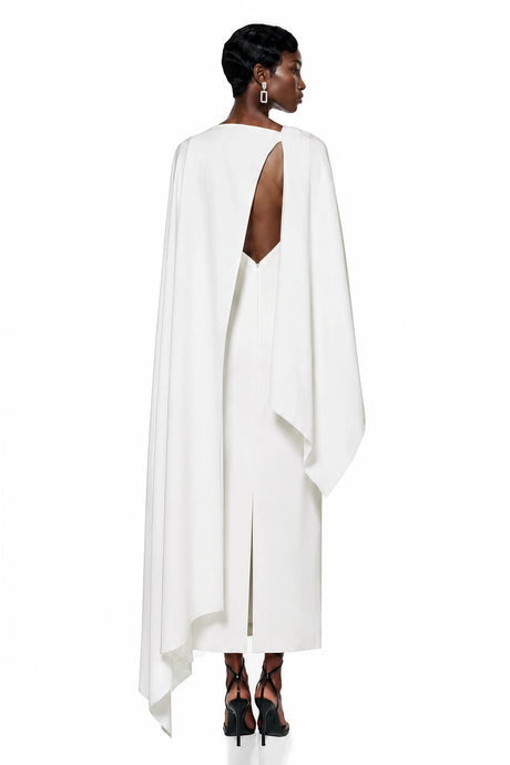Lucy Maxi Dress White Backless with Cape