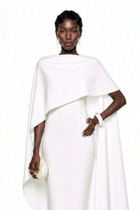 Lucy Maxi Dress White Backless with Cape