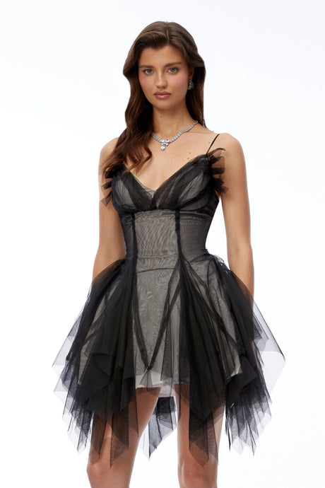 Lainey Mini Dress Black Sweetheart Ruffled