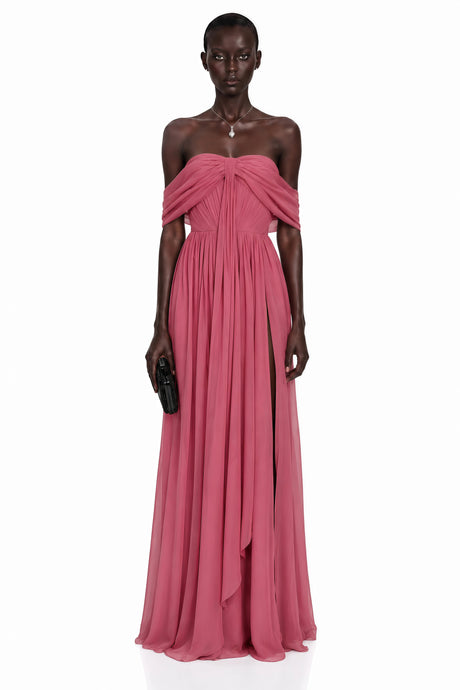 Letizia Maxi Dress Pink Off Shoulder Cross Front