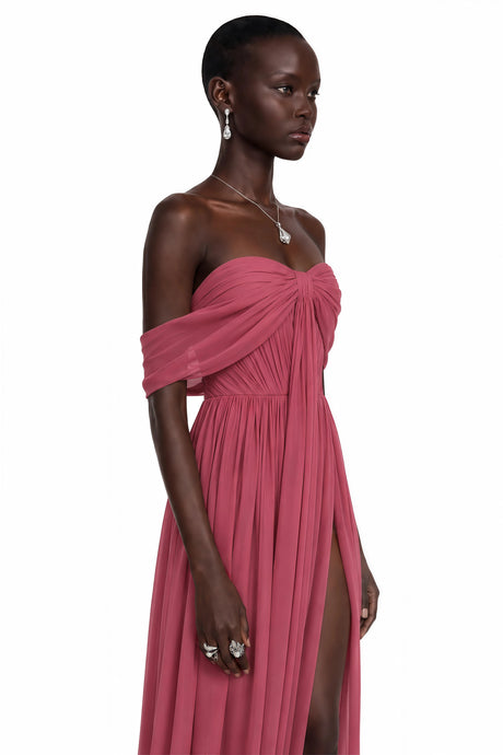 Letizia Maxi Dress Pink Off Shoulder Cross Front