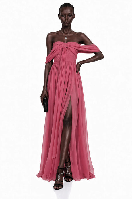 Letizia Maxi Dress Pink Off Shoulder Cross Front