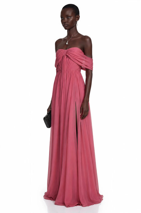 Letizia Maxi Dress Pink Off Shoulder Cross Front