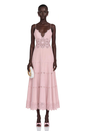 Ecrin Pink Tiered Midi Dress with Lace Panels