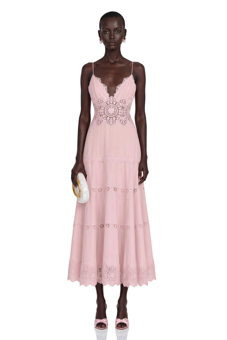Giselle Midi Dress Pink Tiered with Lace Panels