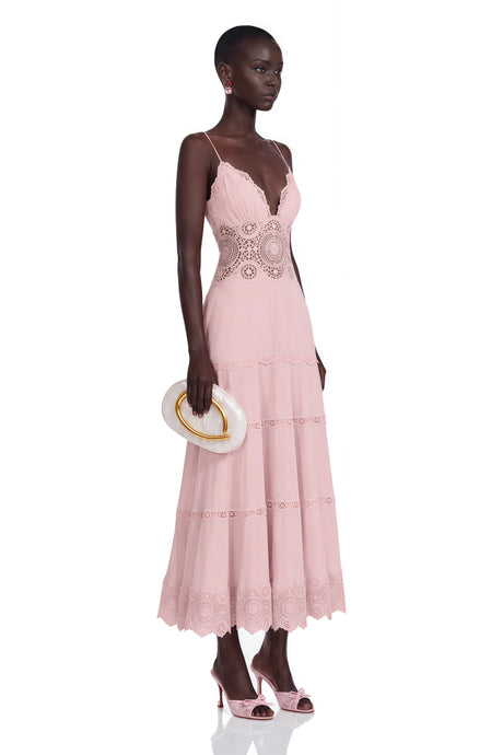 Giselle Midi Dress Pink Tiered with Lace Panels