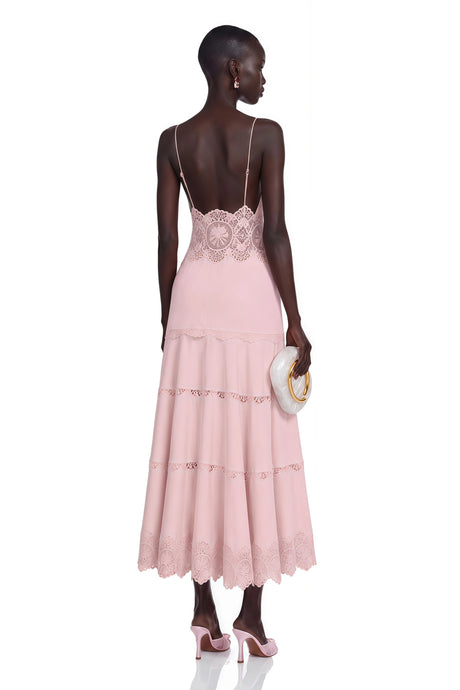Giselle Midi Dress Pink Tiered with Lace Panels