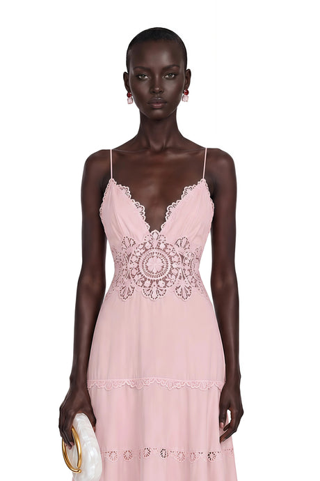 Giselle Midi Dress Pink Tiered with Lace Panels