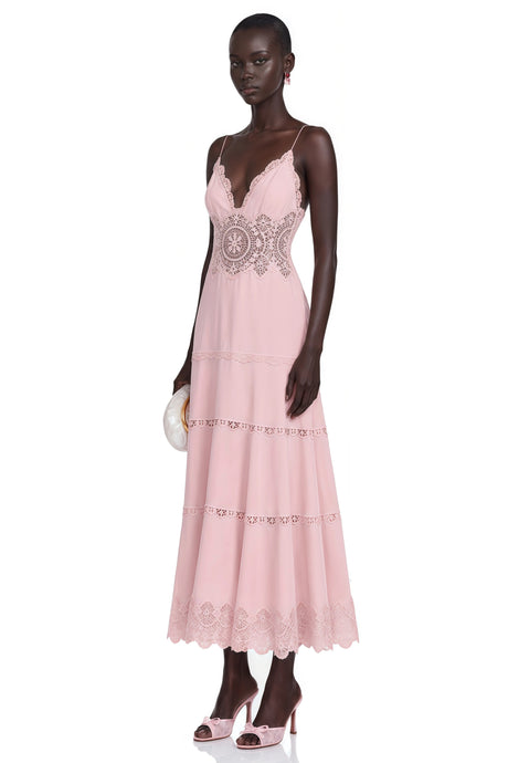 Giselle Midi Dress Pink Tiered with Lace Panels