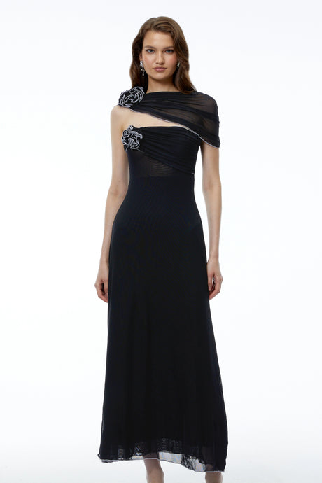 Tecla Maxi Dress Black One Shoulder Asymmetrical