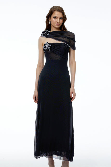Tecla Maxi Dress Black One Shoulder Asymmetrical