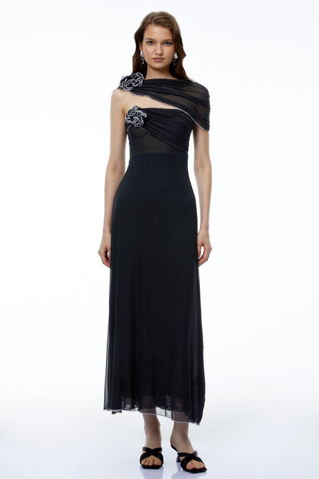 Tecla Maxi Dress Black One Shoulder Asymmetrical