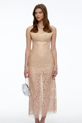 Edith Neutral Floral Lace Midi Dress