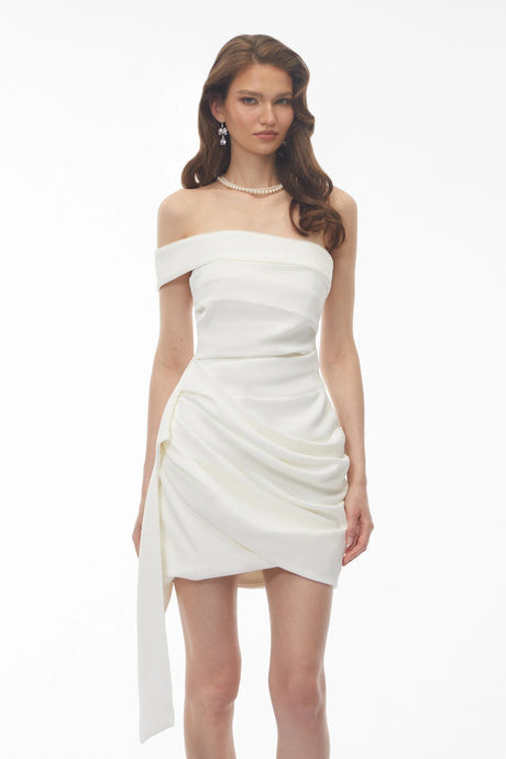 Sage Mini Dress White Off Shoulder Ruched with Ribbon Detail