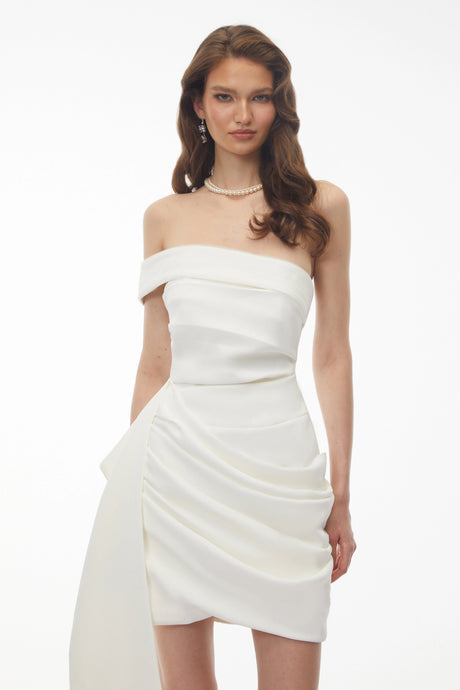 Sage Mini Dress White Off Shoulder Ruched with Ribbon Detail