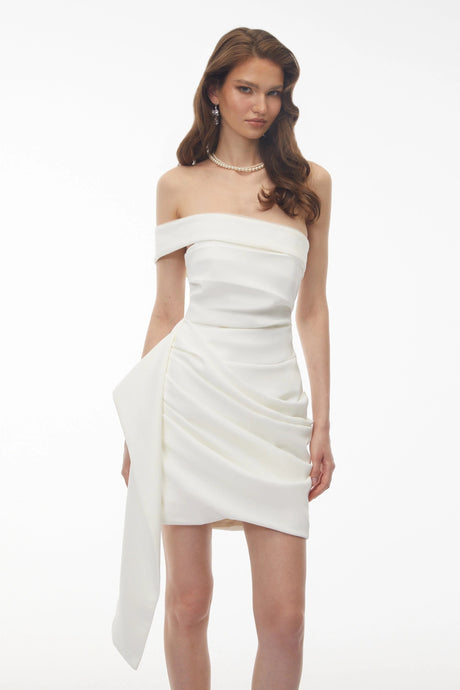 Sage Mini Dress White Off Shoulder Ruched with Ribbon Detail