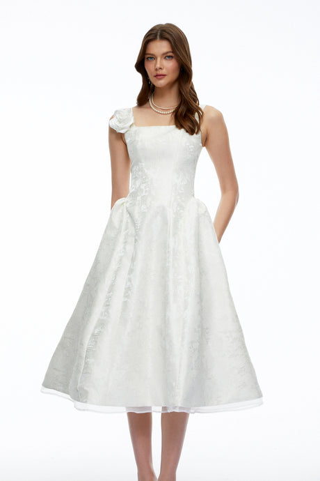 Sara Midi Dress White Square Neck Floral