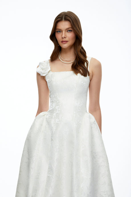 Sara Midi Dress White Square Neck Floral