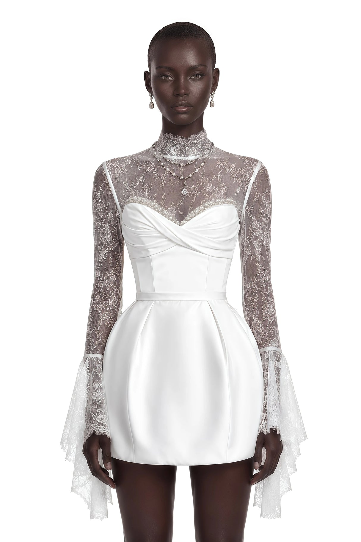 Eevi White Turtleneck Ruched Mini Dress with Lace Panels