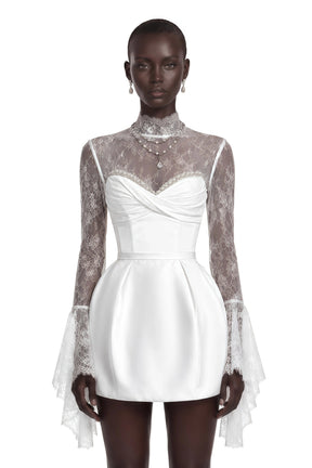 Eevi White Turtleneck Ruched Mini Dress with Lace Panels
