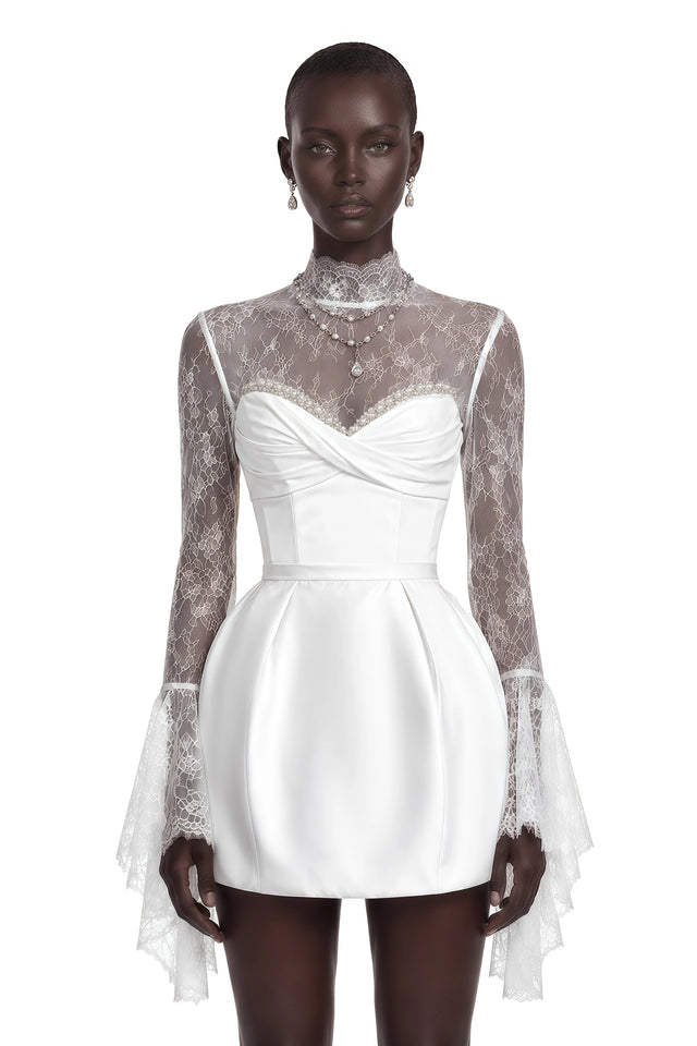 Eevi White Turtleneck Ruched Mini Dress with Lace Panels