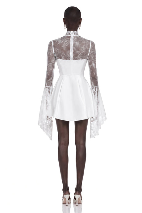Lily Mini Dress White Turtleneck Ruched with Lace Panels