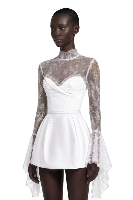 Lily Mini Dress White Turtleneck Ruched with Lace Panels