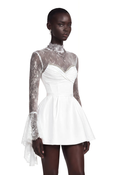 Lily Mini Dress White Turtleneck Ruched with Lace Panels