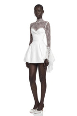 Eevi White Turtleneck Ruched Mini Dress with Lace Panels