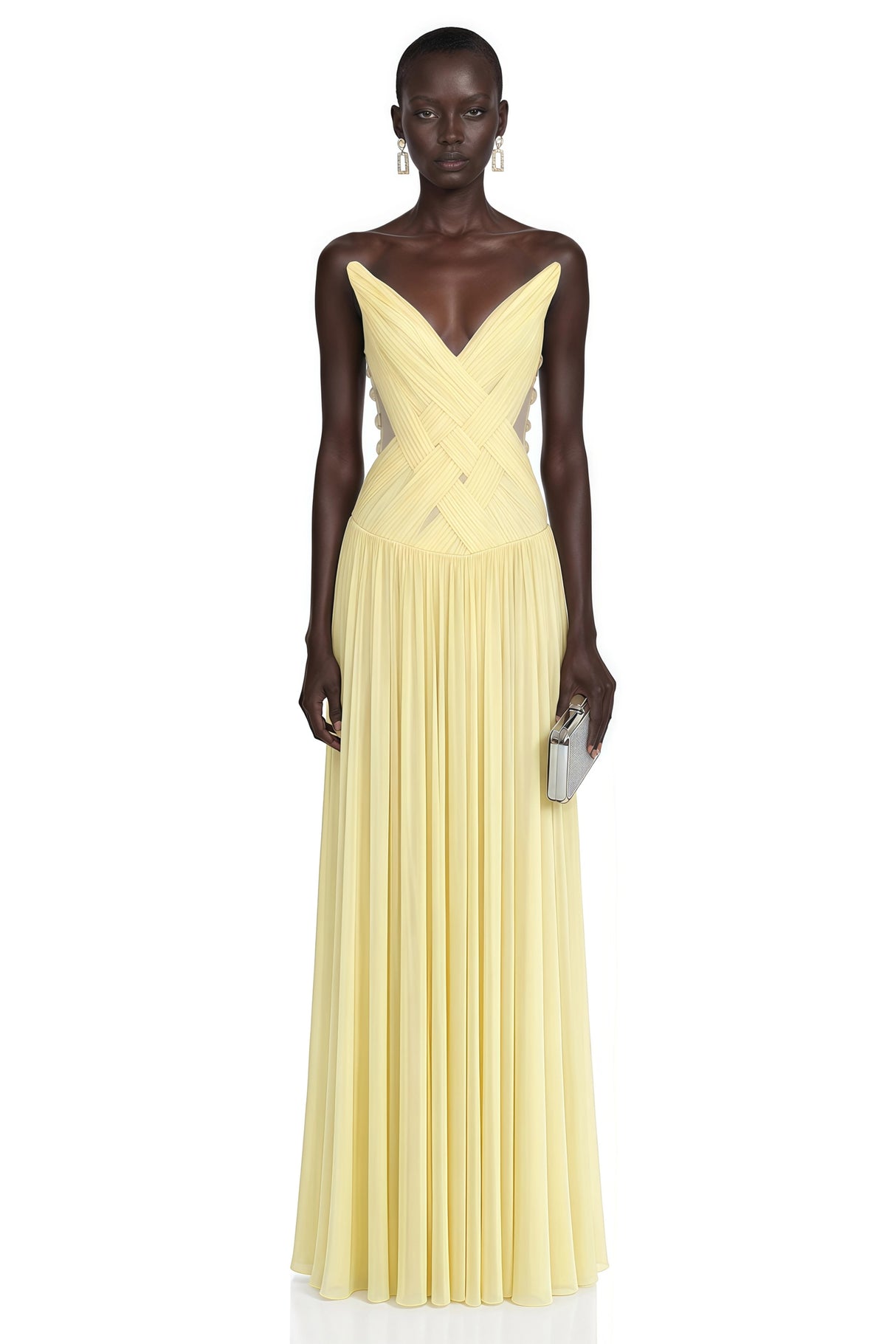 Eglantine Yellow Cross Front Ruched Maxi Dress