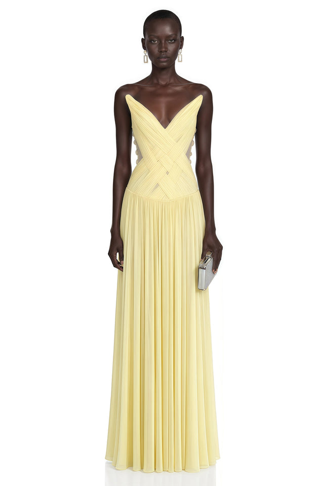 Eglantine Yellow Cross Front Ruched Maxi Dress