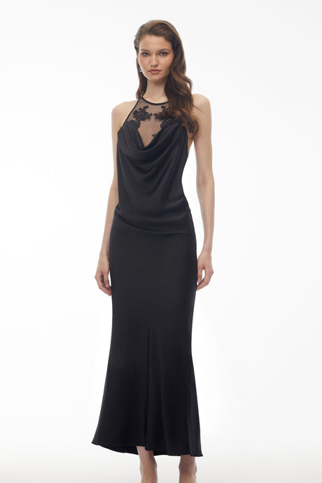 Alba Maxi Dress Black Semi-Sheer Draped
