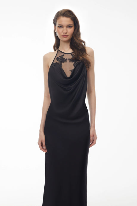 Alba Maxi Dress Black Semi-Sheer Draped