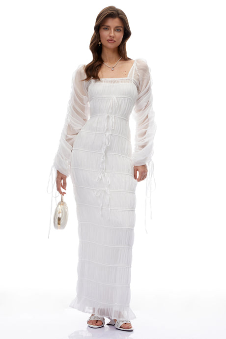 Delilah Maxi Dress White Puff Sleeves Ruched