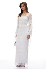 Eileen White Puff Sleeves Ruched Maxi Dress