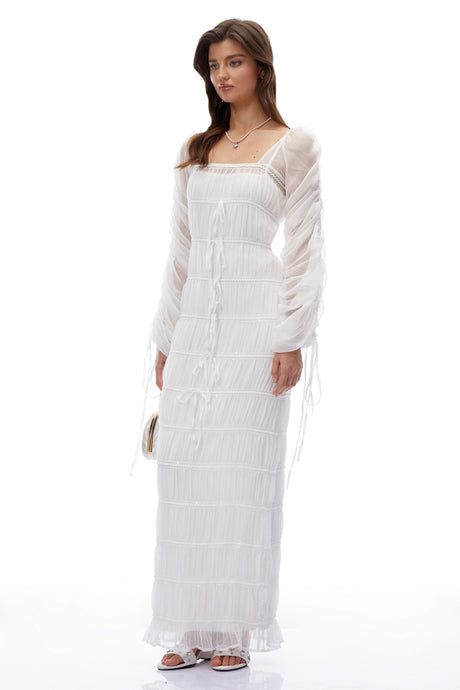 Delilah Maxi Dress White Puff Sleeves Ruched