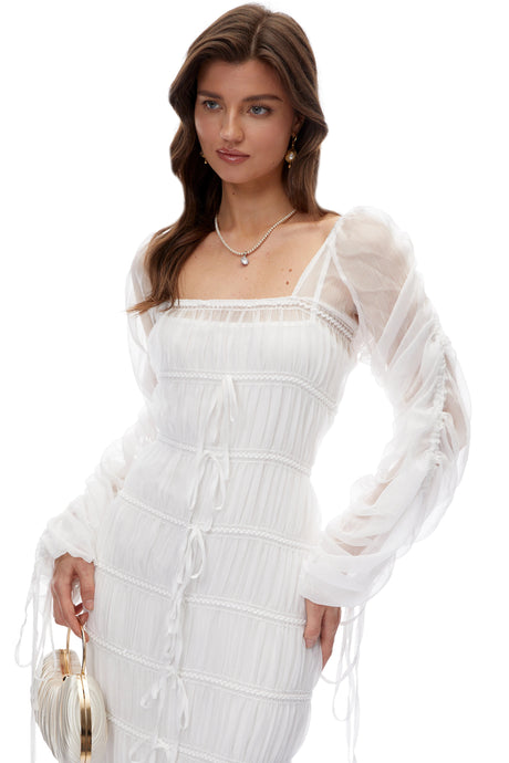 Delilah Maxi Dress White Puff Sleeves Ruched