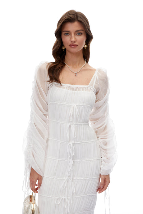 Delilah Maxi Dress White Puff Sleeves Ruched