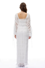 Eileen White Puff Sleeves Ruched Maxi Dress