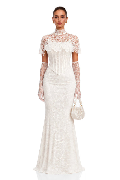 Clara Maxi Dress White High Neck Lace with Cape Sleeves