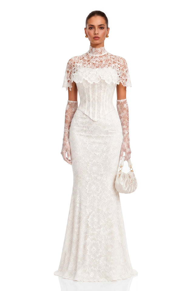 Eirian White High Neck Lace Maxi Dress with Cape Sleeves
