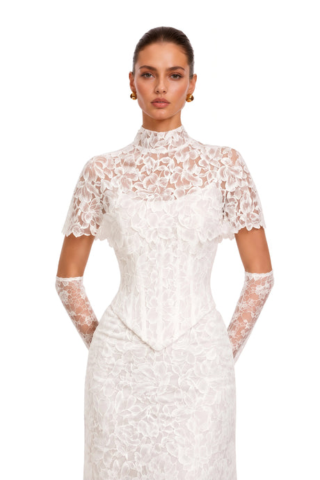 Clara Maxi Dress White High Neck Lace with Cape Sleeves