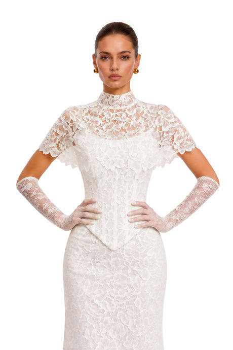 Clara Maxi Dress White High Neck Lace with Cape Sleeves