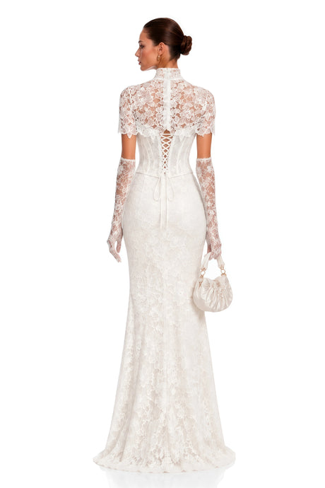 Clara Maxi Dress White High Neck Lace with Cape Sleeves