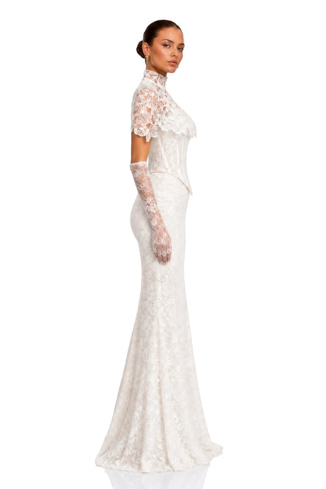 Clara Maxi Dress White High Neck Lace with Cape Sleeves